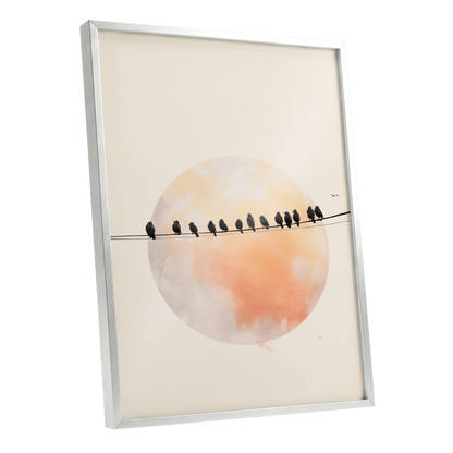 Sunset Assembly, black, beige, orange nature wall art shown as a silver framed poster wall art print