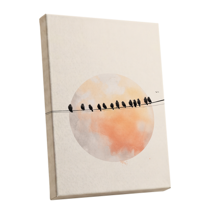 Sunset Assembly, black, beige, orange nature wall art shown as a stretched canvas wall art