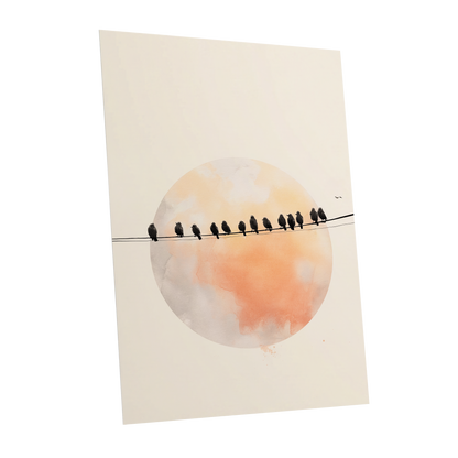 Sunset Assembly, black, beige, orange nature wall art shown as a unframed poster wall art print