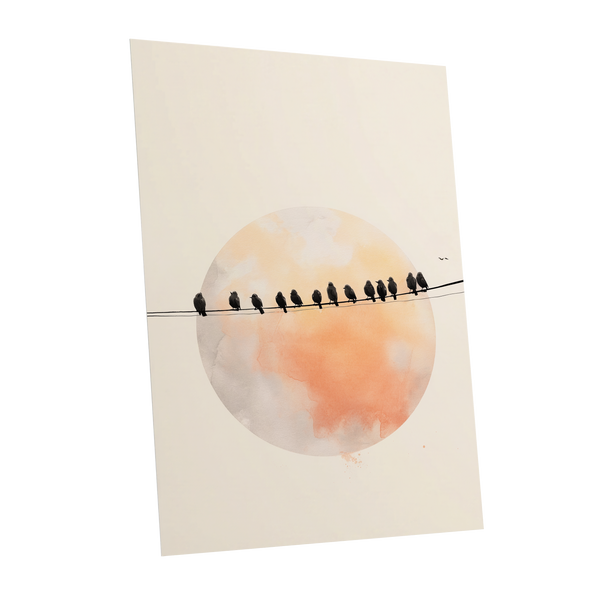 Sunset Assembly, black, beige, orange nature wall art shown as a unframed poster wall art print