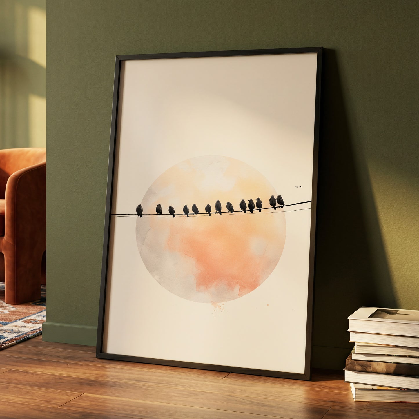 Sunset Assembly, black, beige, orange nature wall art displayed in a styled interior, gallery view 2