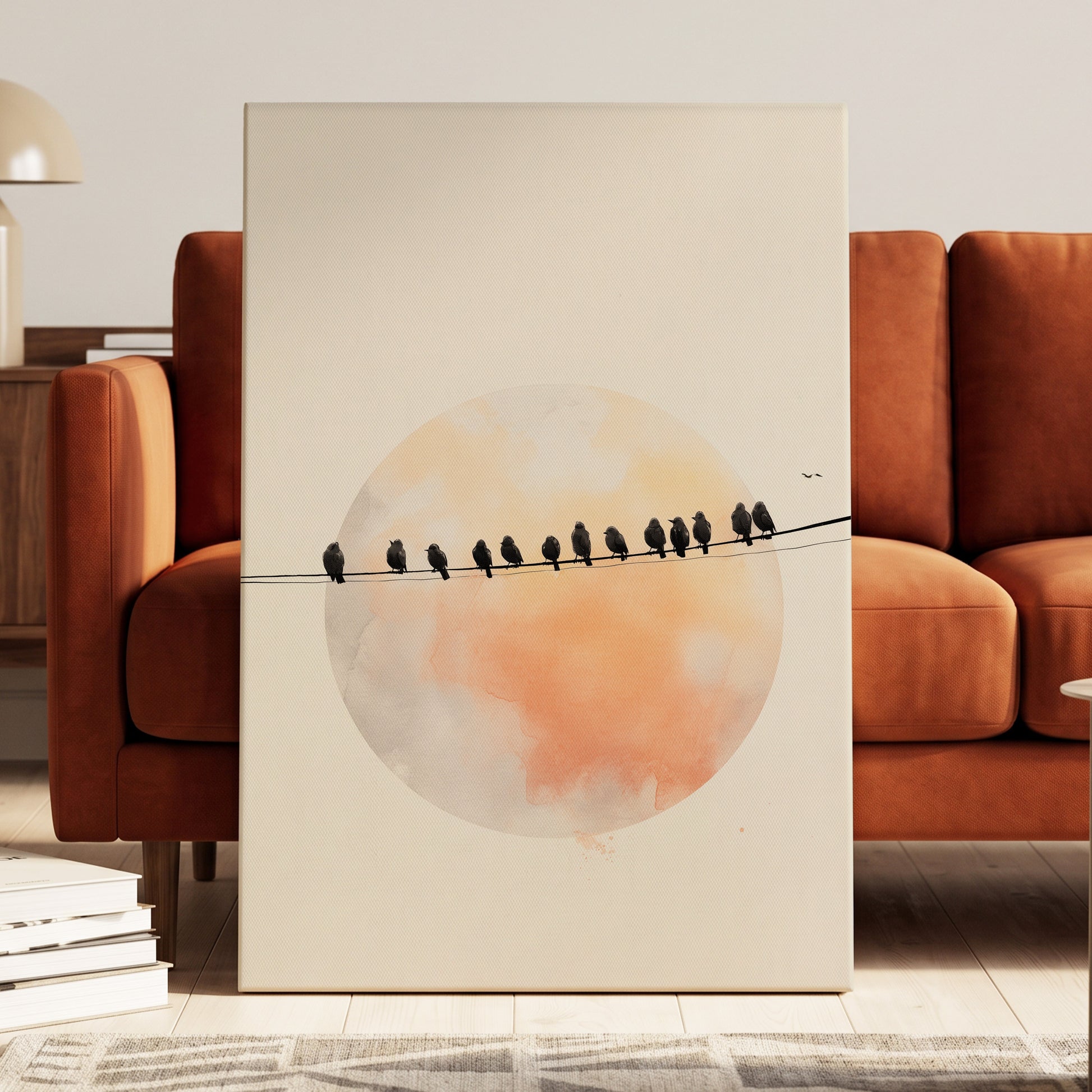Sunset Assembly, black, beige, orange nature wall art displayed in a styled interior, gallery view 3