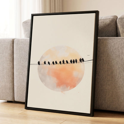 Sunset Assembly, black, beige, orange nature wall art displayed in a styled interior, gallery view 4