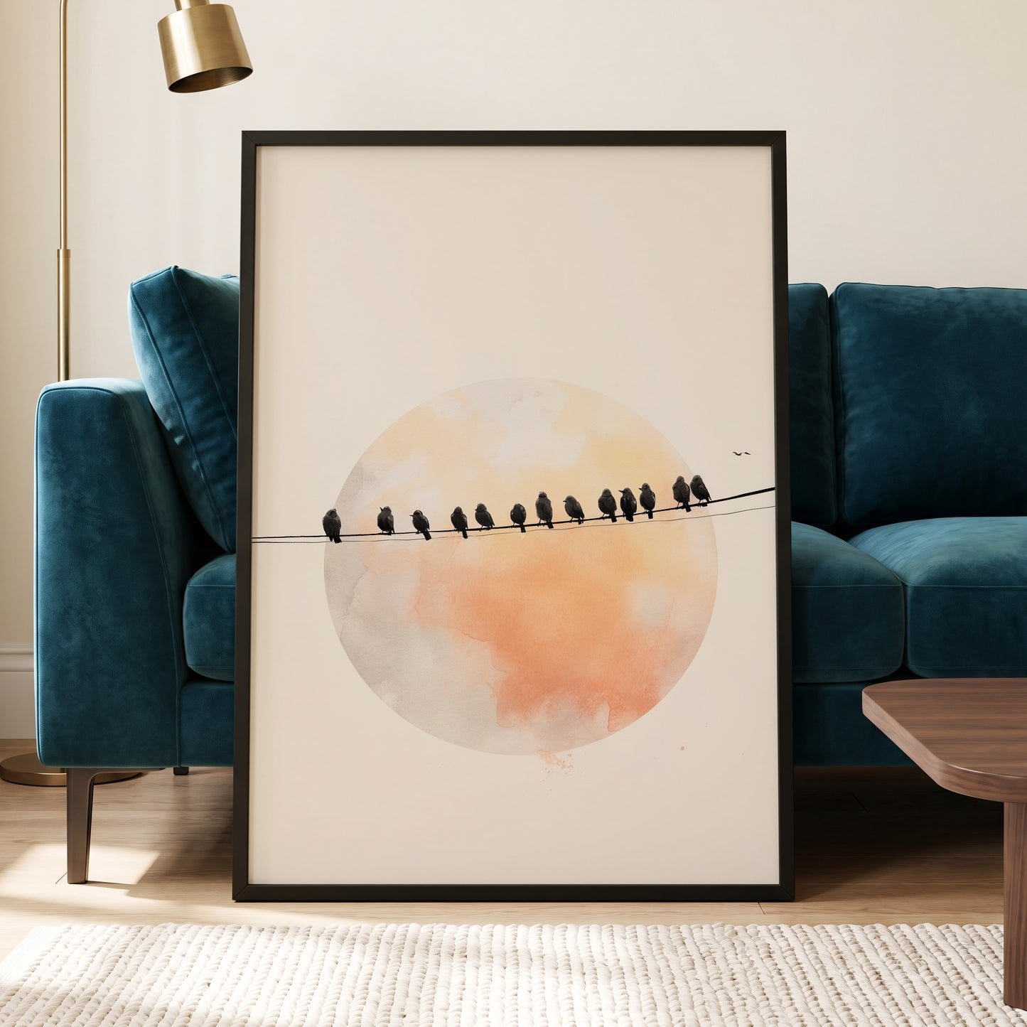Sunset Assembly, black, beige, orange nature wall art displayed in a styled interior, gallery view 6
