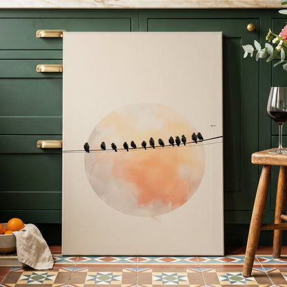 Sunset Assembly, black, beige, orange nature wall art displayed in a styled interior, gallery view 7