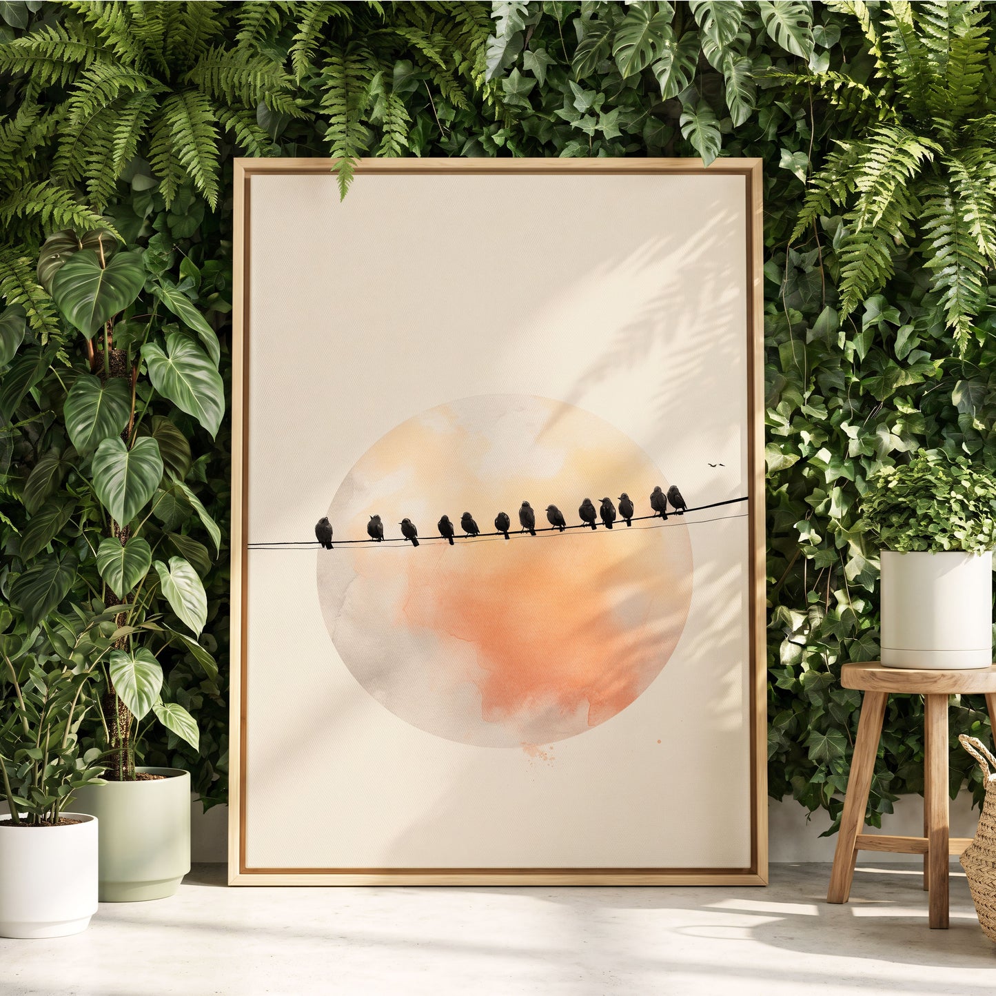 Sunset Assembly, black, beige, orange nature wall art displayed in a styled interior, gallery view 8
