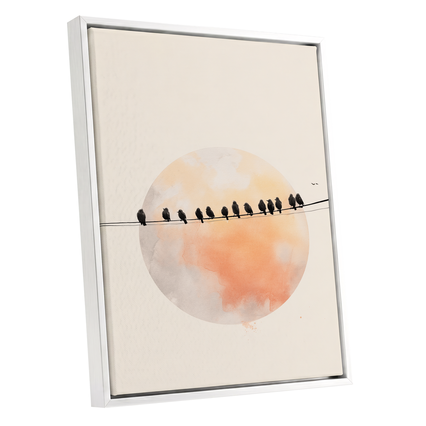 Sunset Assembly, black, beige, orange nature wall art shown as a white framed canvas wall art