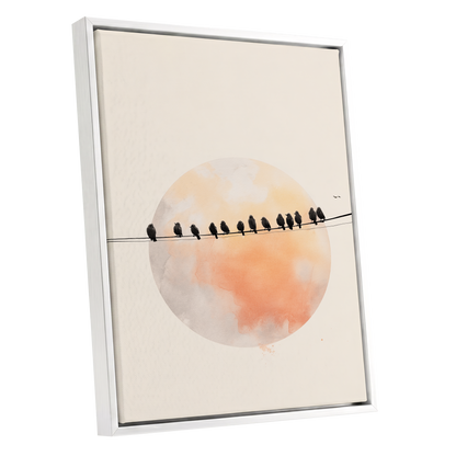 Sunset Assembly, black, beige, orange nature wall art shown as a white framed canvas wall art