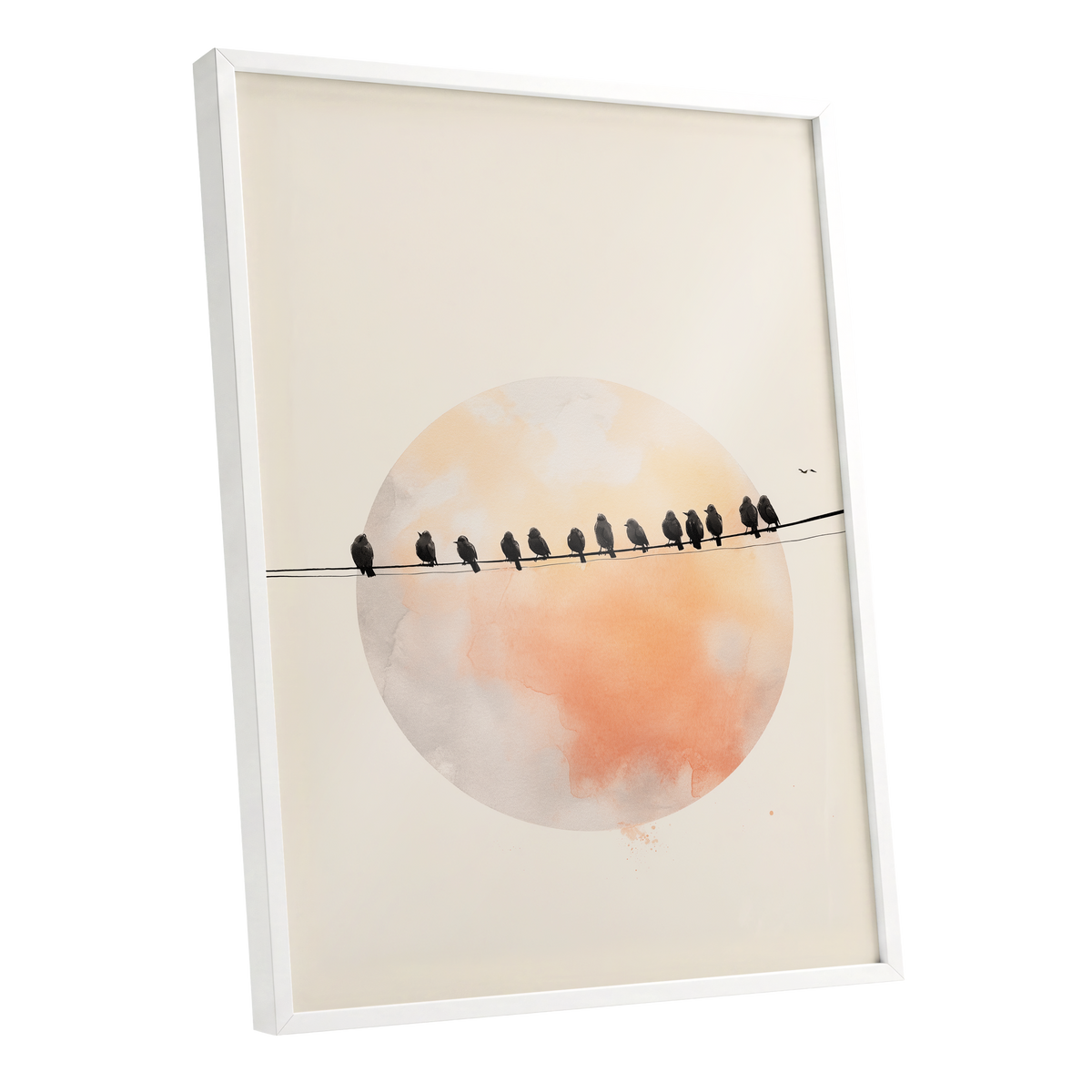 Sunset Assembly, black, beige, orange nature wall art shown as a white framed poster wall art print