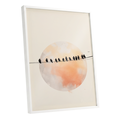 Sunset Assembly, black, beige, orange nature wall art shown as a white framed poster wall art print