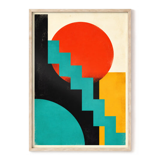 Sunset Steps, red, black, green abstract wall art, front artwork view