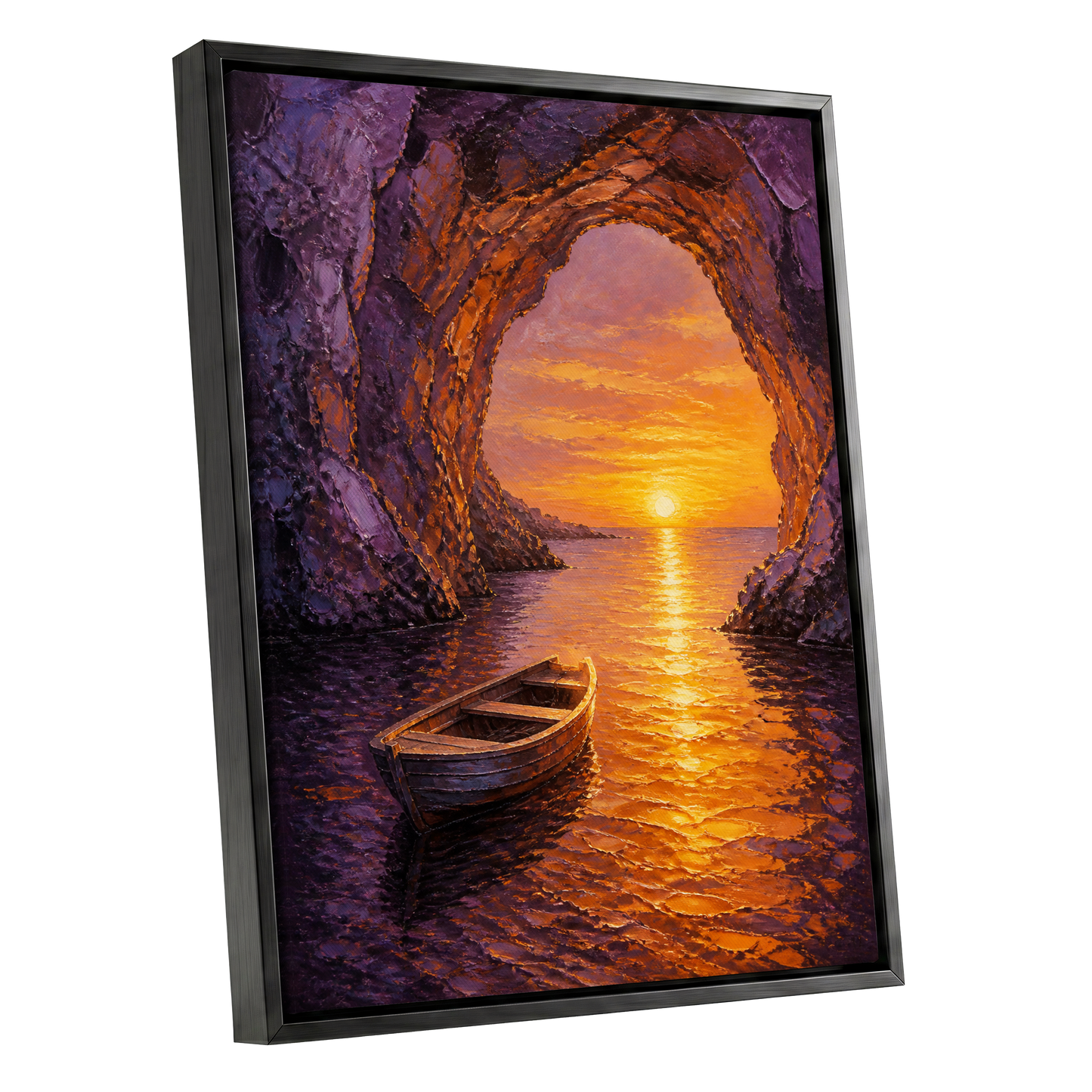 Sunset Through the Grotto, purple, orange, gold nature wall art shown as a black framed canvas wall art