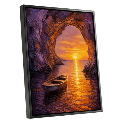 Sunset Through the Grotto, purple, orange, gold nature wall art shown as a black framed canvas wall art