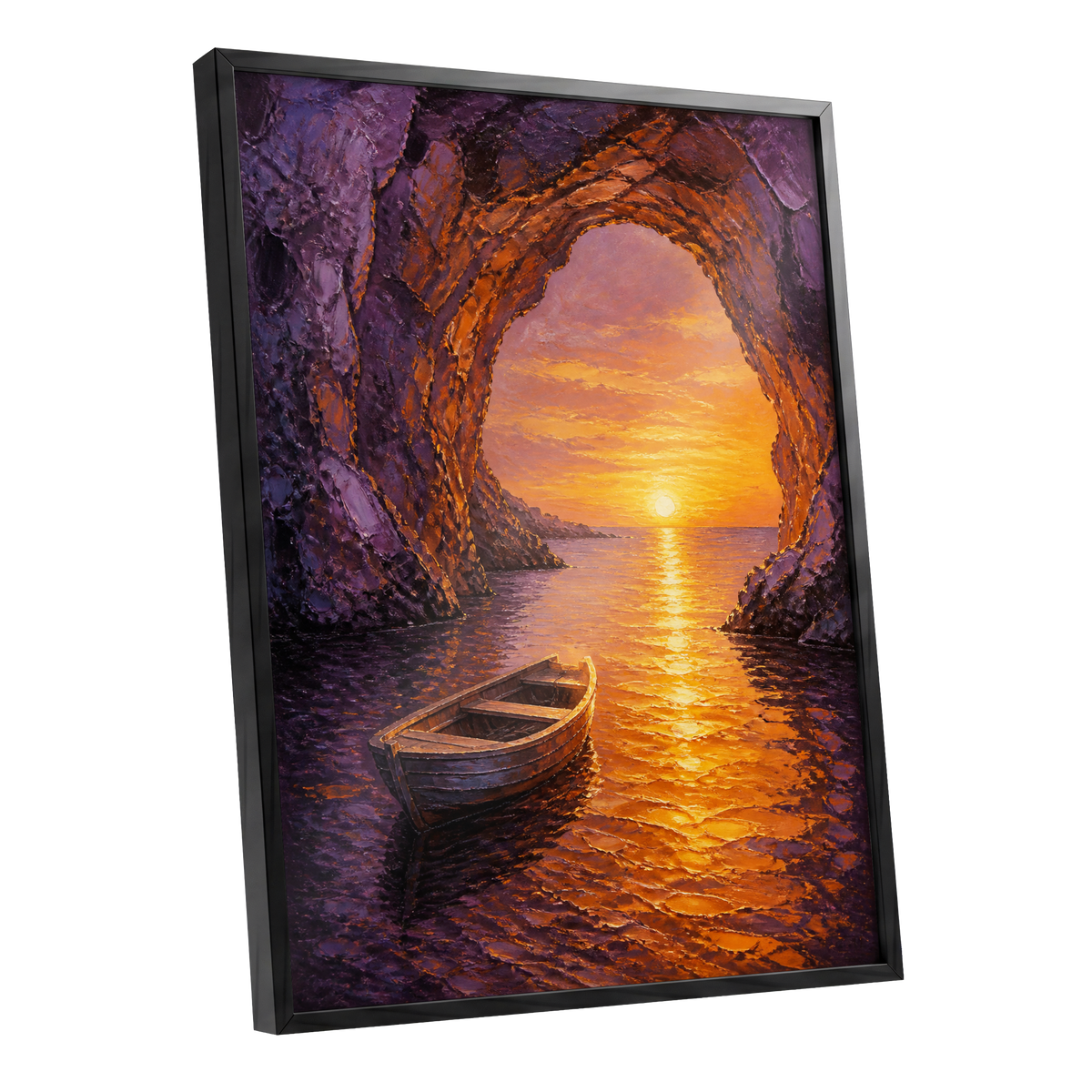 Sunset Through the Grotto, purple, orange, gold nature wall art shown as a black framed poster wall art print