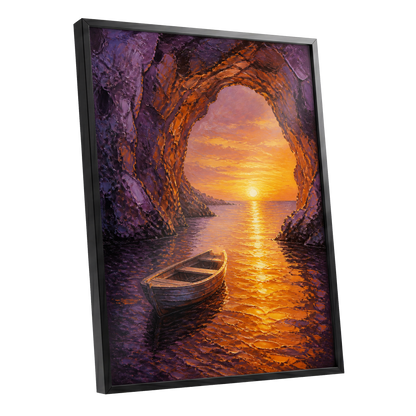 Sunset Through the Grotto, purple, orange, gold nature wall art shown as a black framed poster wall art print