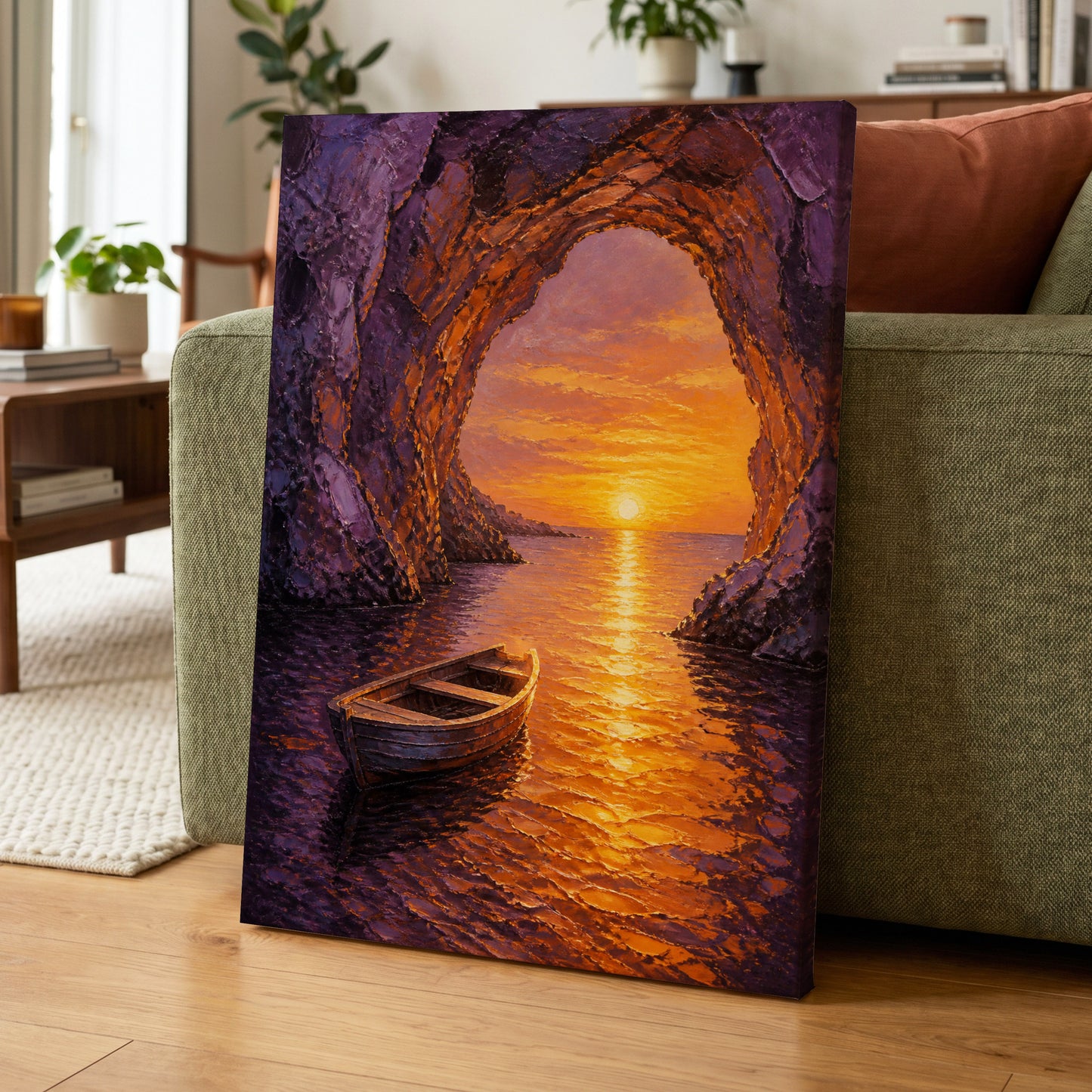 Sunset Through the Grotto, purple, orange, gold nature wall art on canvas displayed in a styled interior, gallery view 1
