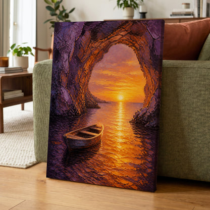 Sunset Through the Grotto, purple, orange, gold nature wall art on canvas displayed in a styled interior, gallery view 1