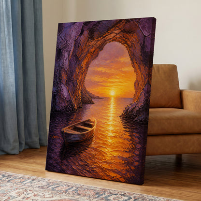 Sunset Through the Grotto, purple, orange, gold nature wall art on canvas displayed in a styled interior, gallery view 2