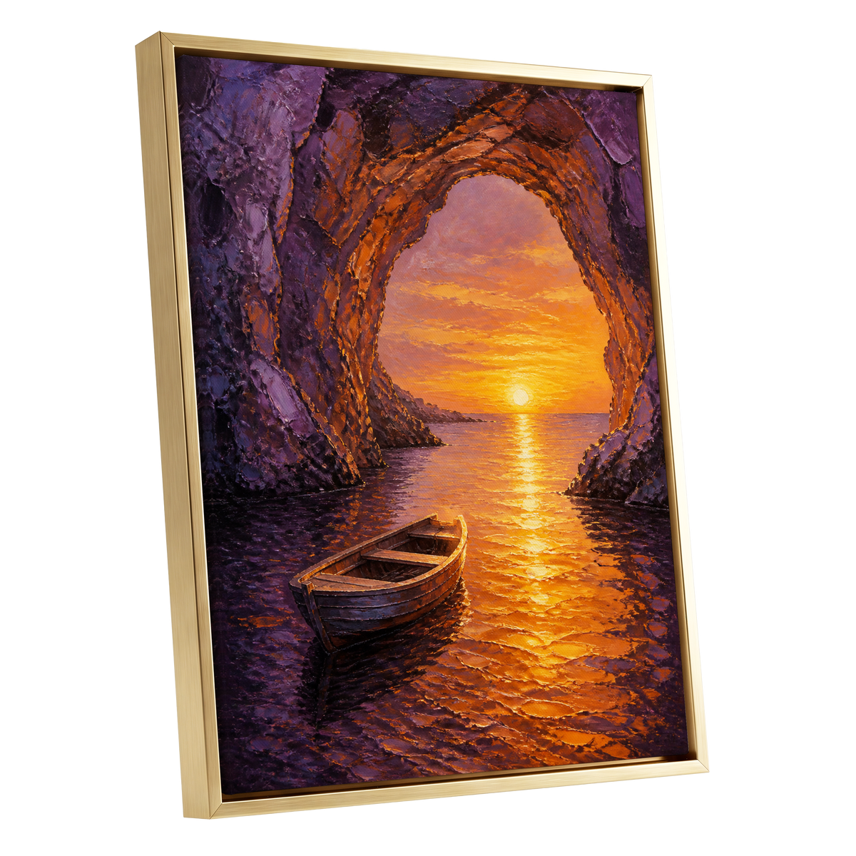 Sunset Through the Grotto, purple, orange, gold nature wall art shown as a gold framed canvas wall art