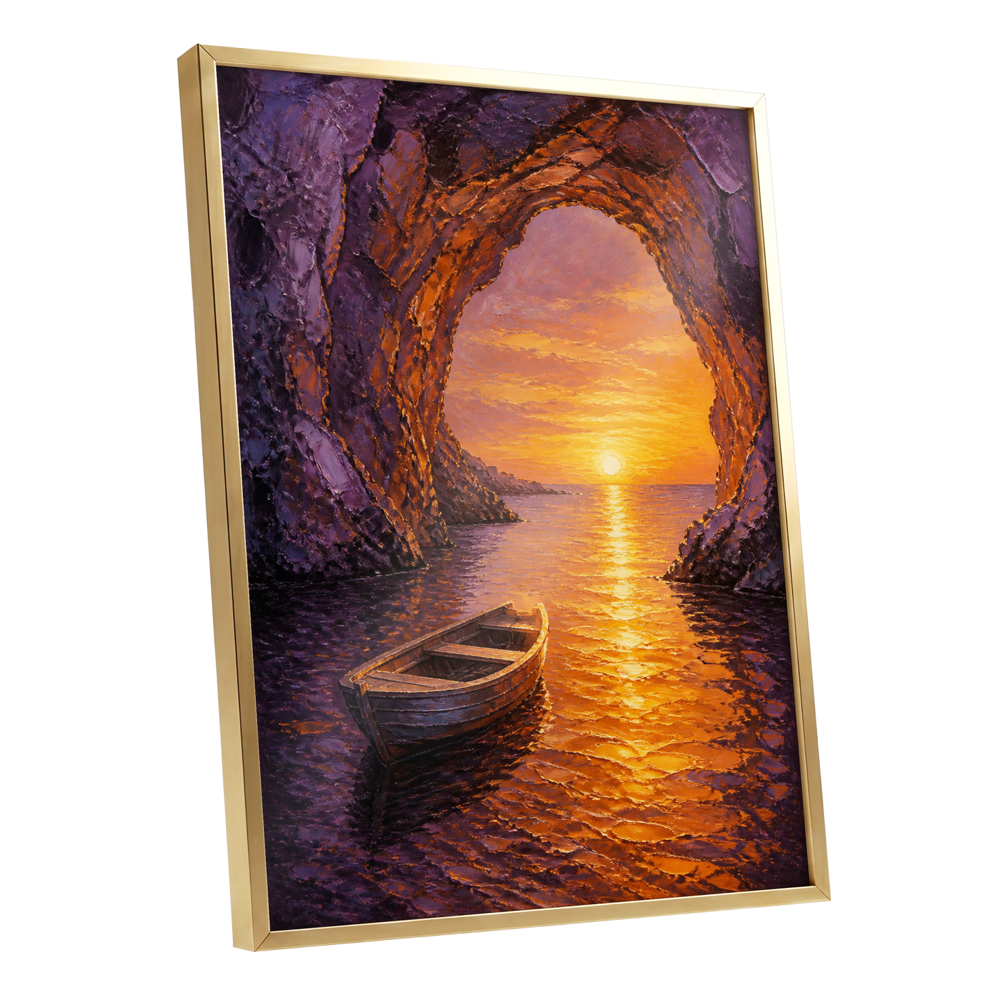 Sunset Through the Grotto, purple, orange, gold nature wall art shown as a gold framed poster wall art print