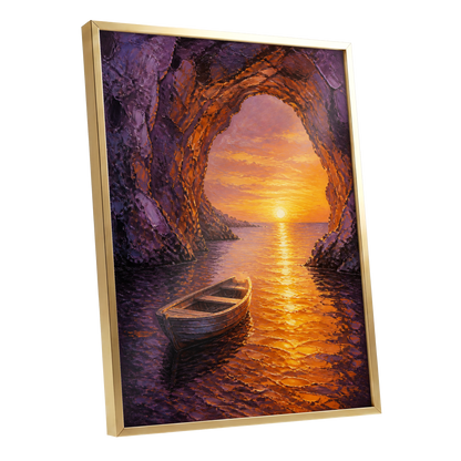 Sunset Through the Grotto, purple, orange, gold nature wall art shown as a gold framed poster wall art print