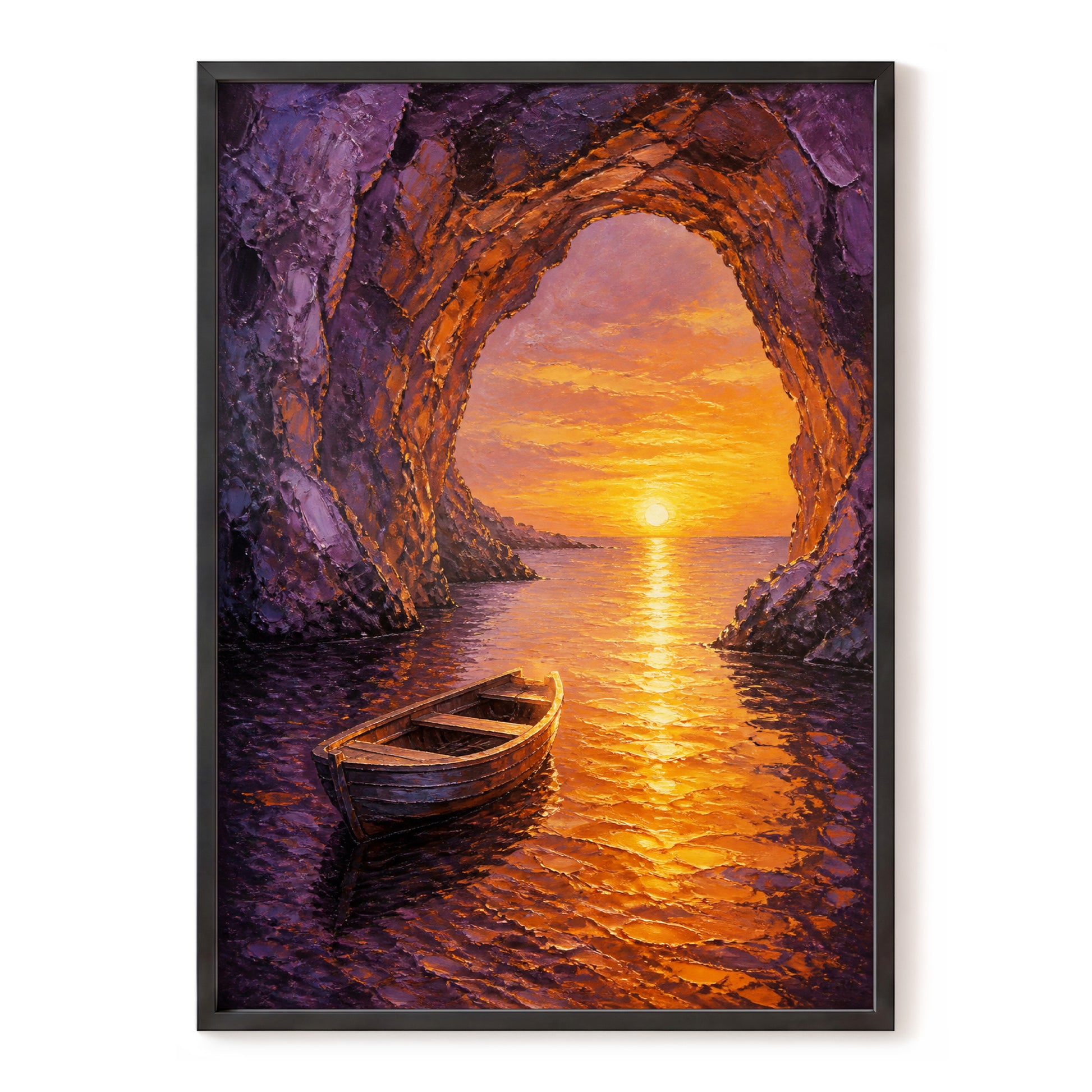 Sunset Through the Grotto, purple, orange, gold nature wall art, front artwork view