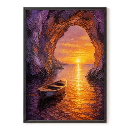 Sunset Through the Grotto, purple, orange, gold nature wall art, front artwork view