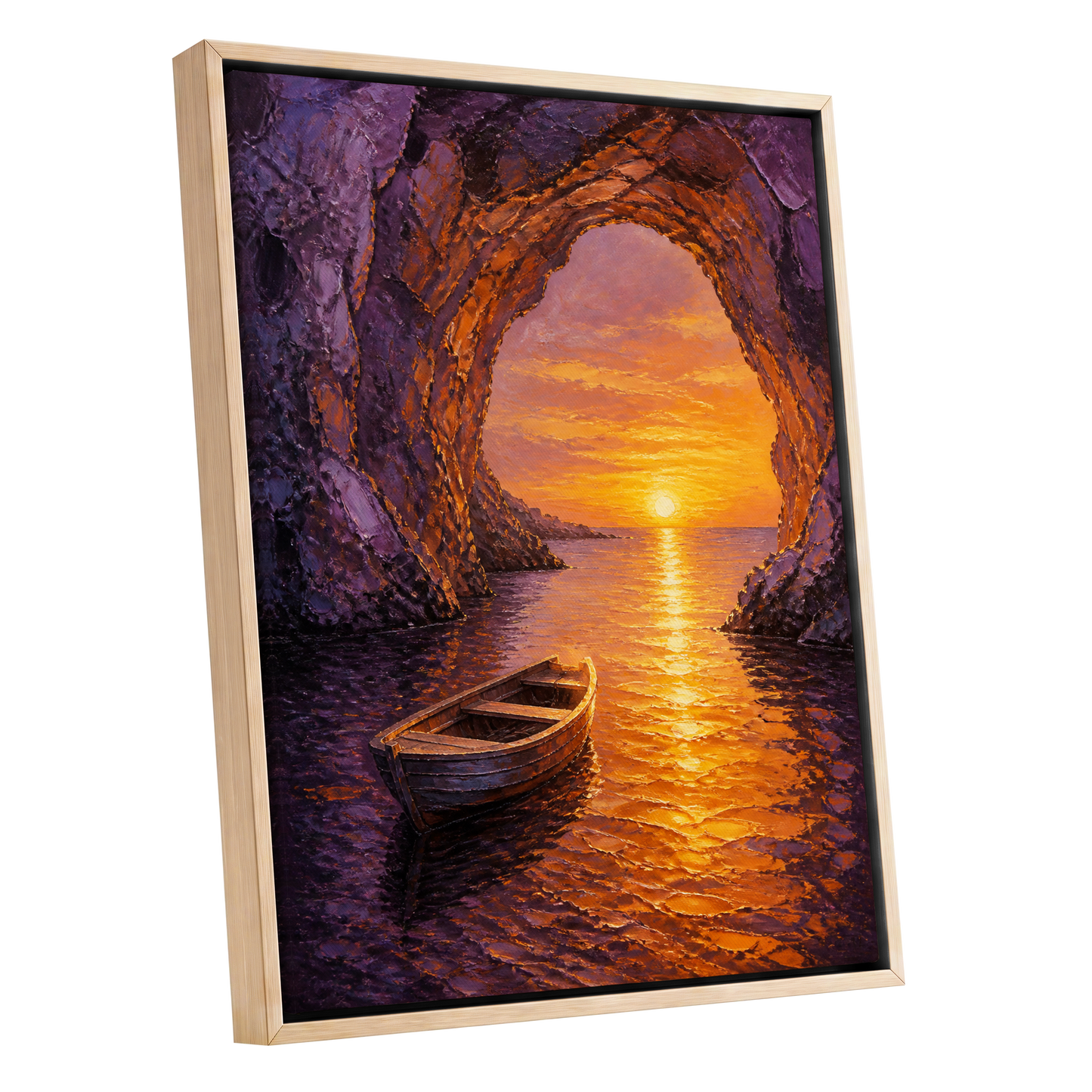 Sunset Through the Grotto, purple, orange, gold nature wall art shown as a oak framed canvas wall art