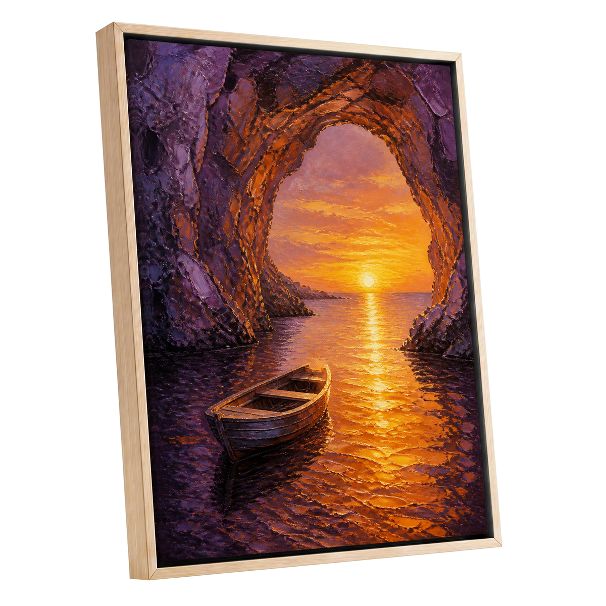 Sunset Through the Grotto, purple, orange, gold nature wall art shown as a oak framed canvas wall art