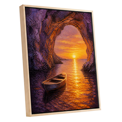 Sunset Through the Grotto, purple, orange, gold nature wall art shown as a oak framed canvas wall art