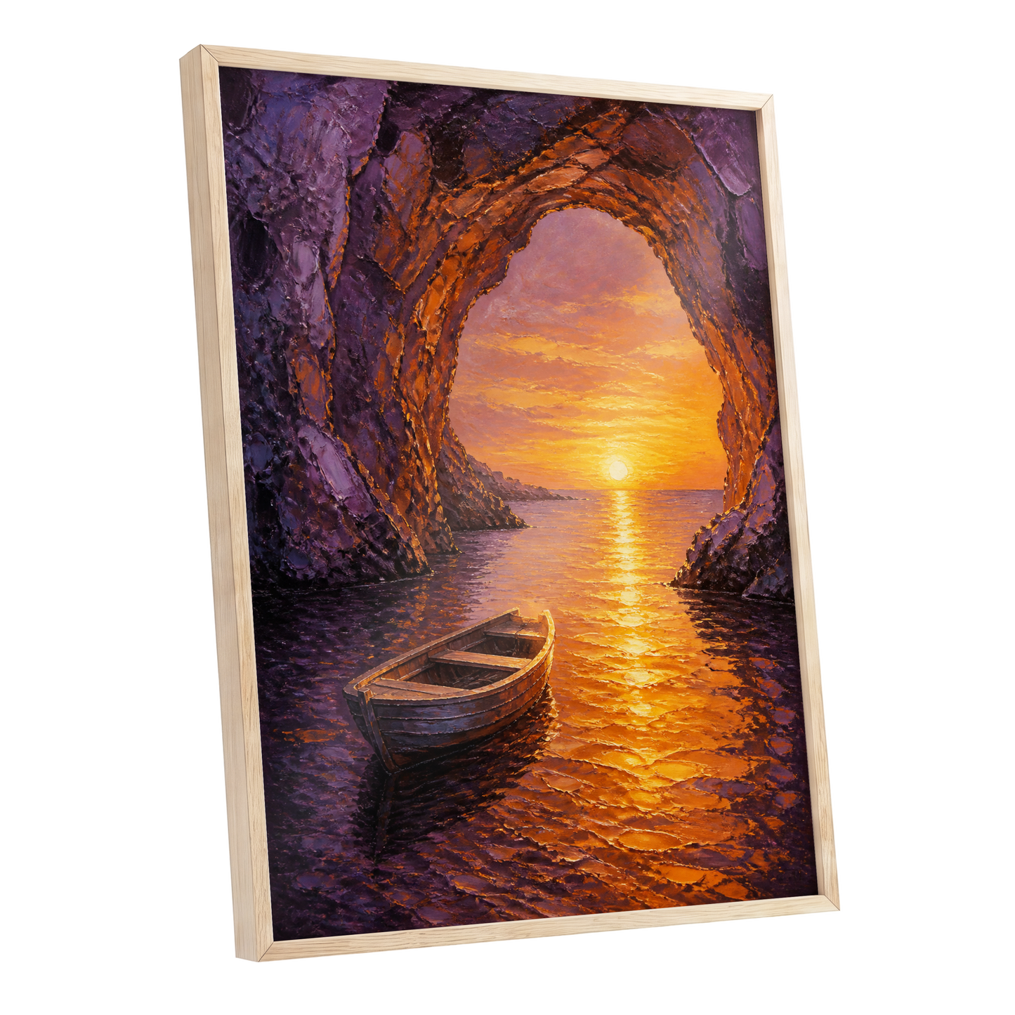 Sunset Through the Grotto, purple, orange, gold nature wall art shown as a oak framed poster wall art print