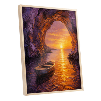 Sunset Through the Grotto, purple, orange, gold nature wall art shown as a oak framed poster wall art print