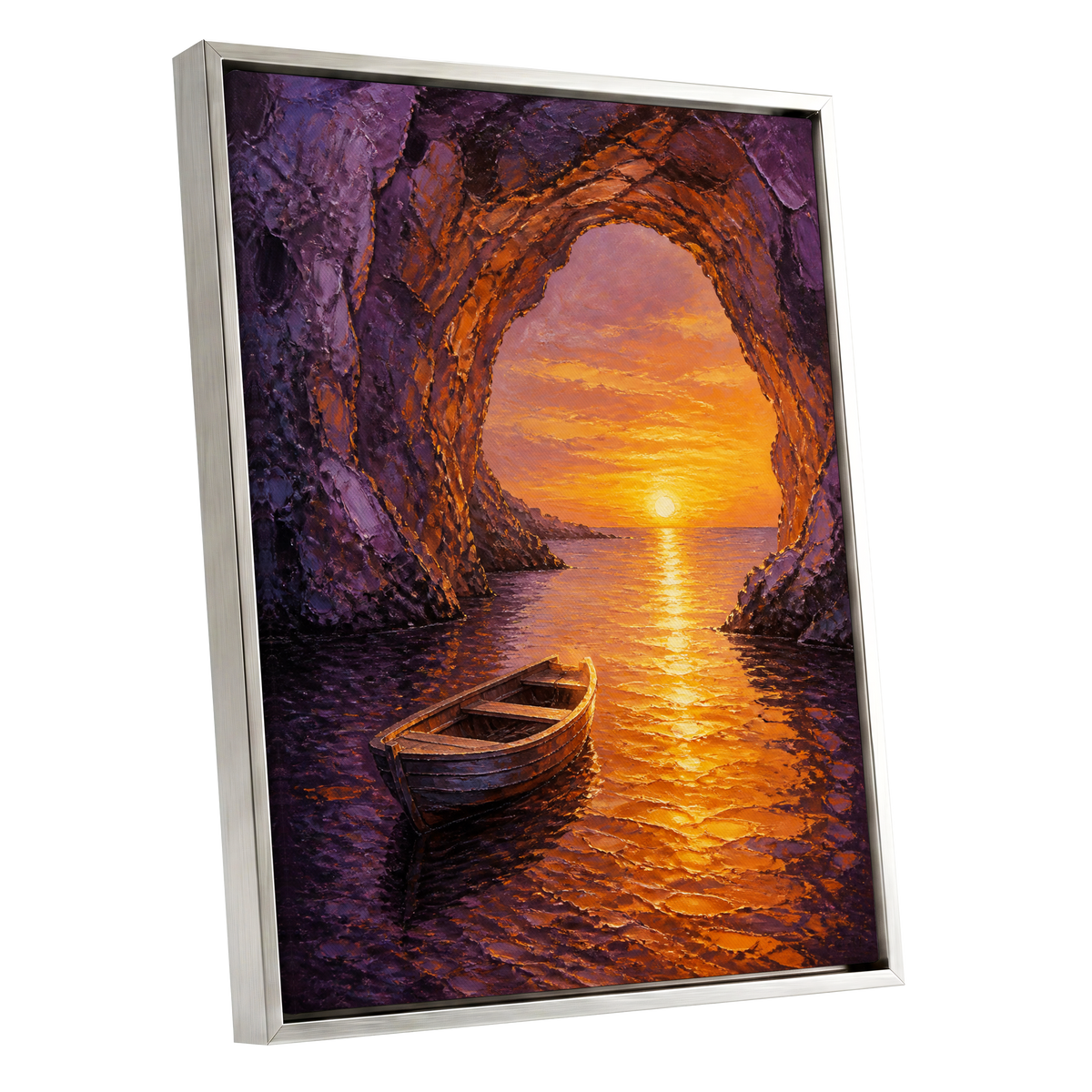 Sunset Through the Grotto, purple, orange, gold nature wall art shown as a silver framed canvas wall art