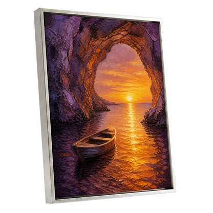 Sunset Through the Grotto, purple, orange, gold nature wall art shown as a silver framed canvas wall art