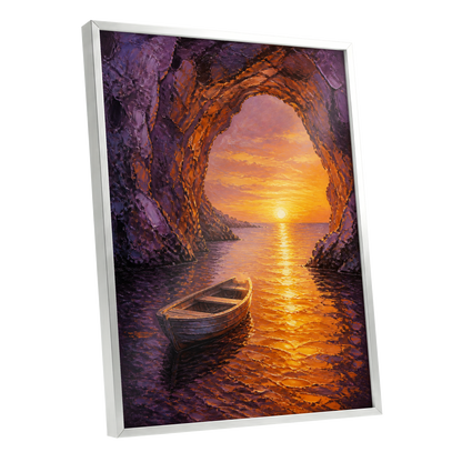 Sunset Through the Grotto, purple, orange, gold nature wall art shown as a silver framed poster wall art print