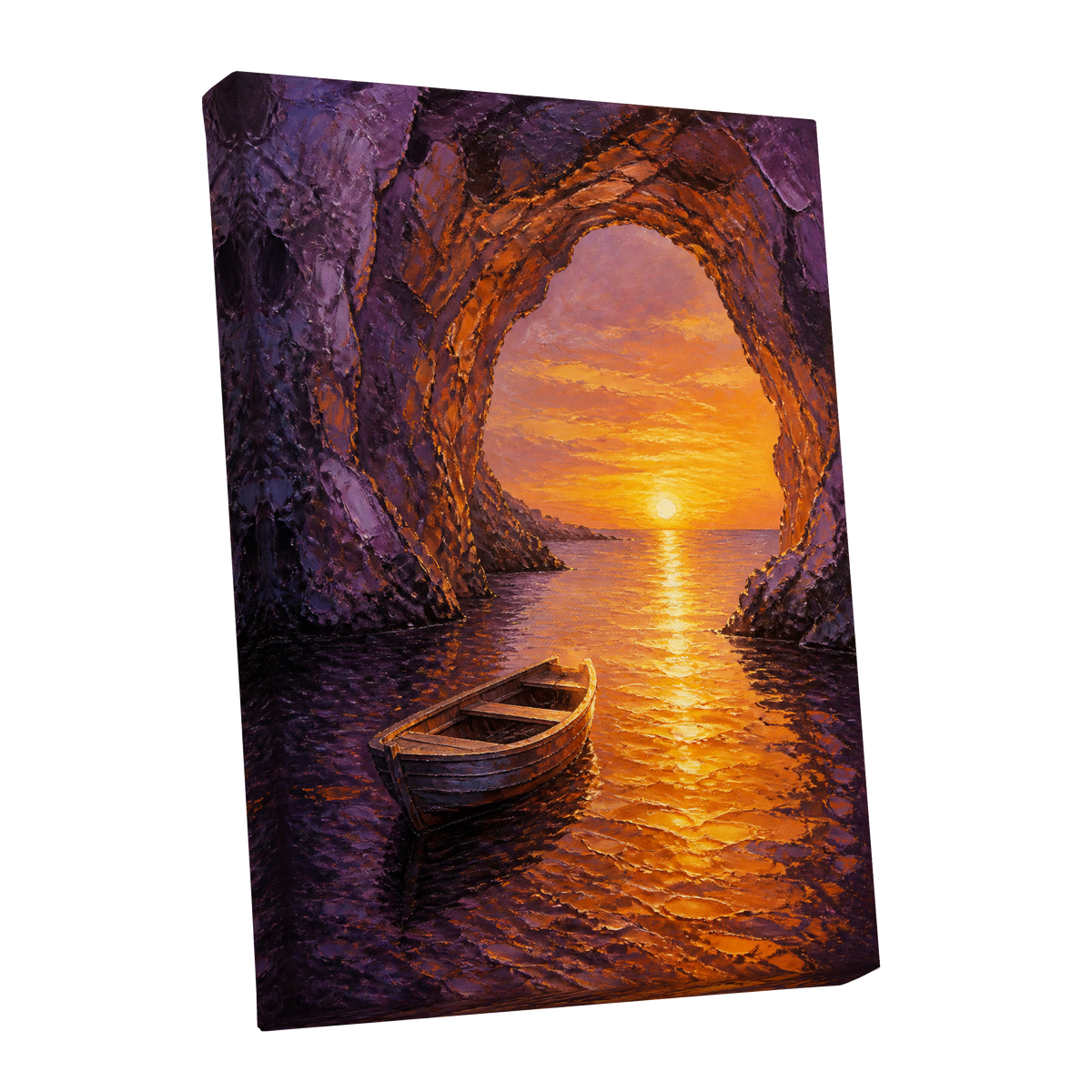 Sunset Through the Grotto, purple, orange, gold nature wall art shown as a stretched canvas wall art