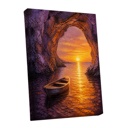 Sunset Through the Grotto, purple, orange, gold nature wall art shown as a stretched canvas wall art