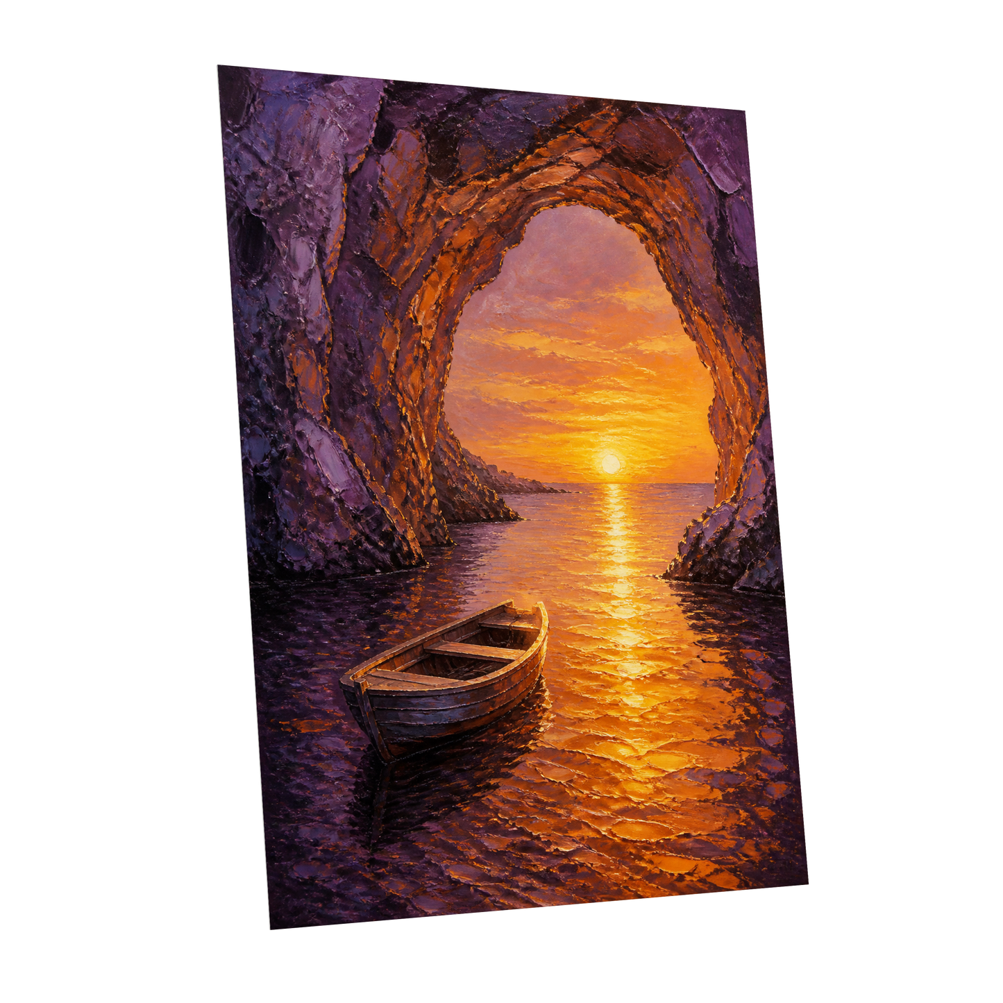 Sunset Through the Grotto, purple, orange, gold nature wall art shown as a unframed poster wall art print
