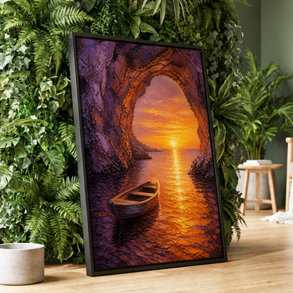 Sunset Through the Grotto, purple, orange, gold nature wall art displayed in a styled interior, gallery view 1