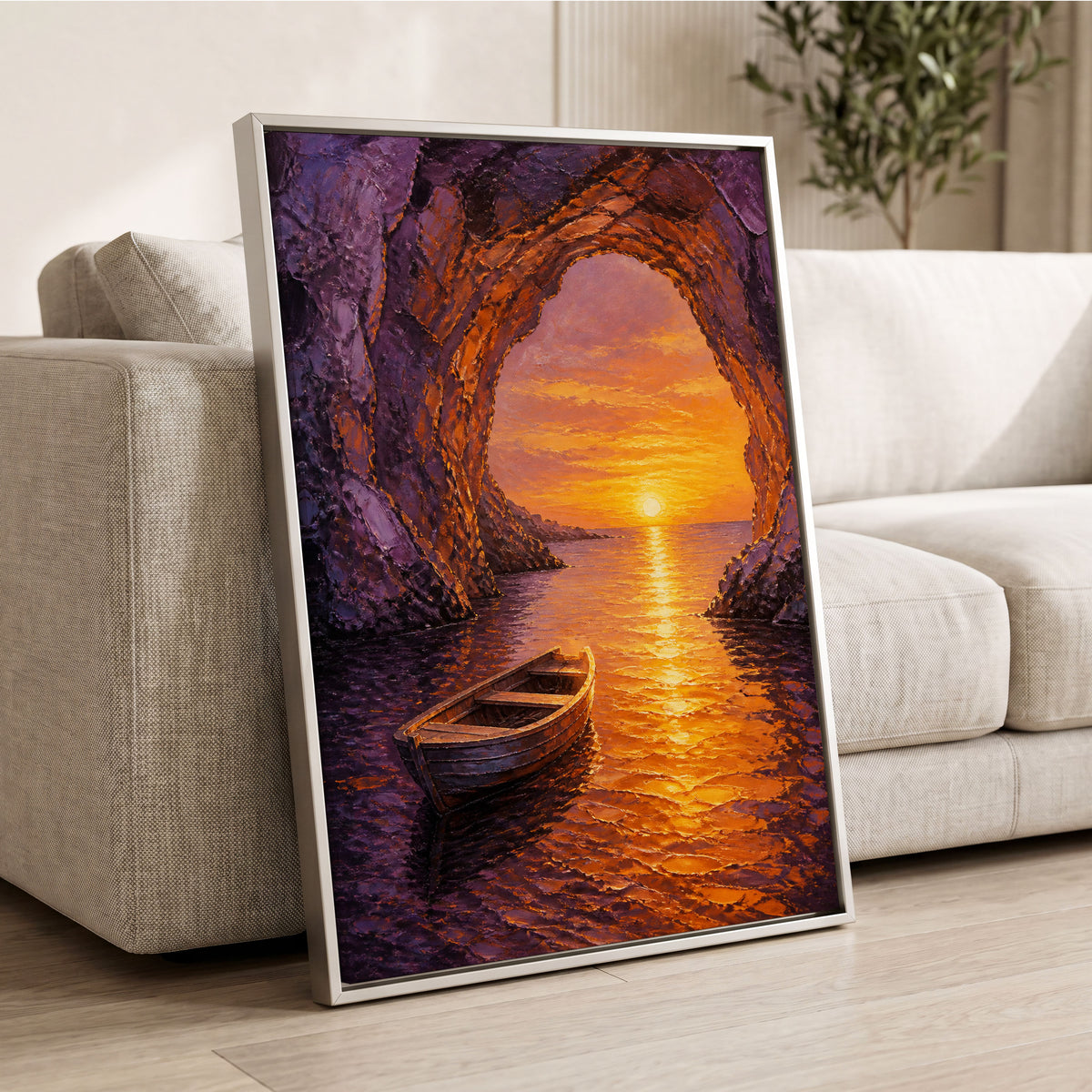 Sunset Through the Grotto, purple, orange, gold nature wall art displayed in a styled interior, gallery view 2
