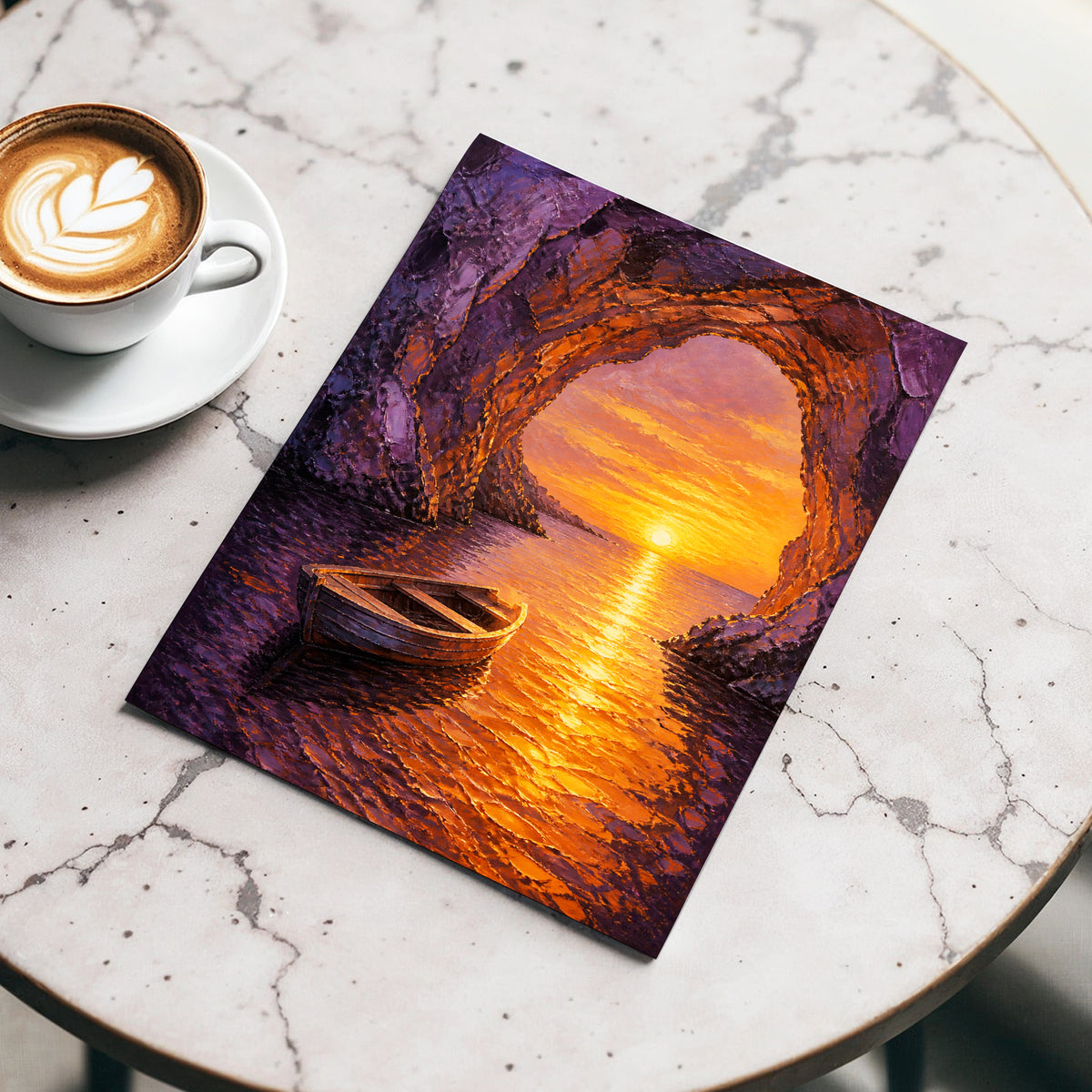 Sunset Through the Grotto, purple, orange, gold nature wall art displayed in a styled interior, gallery view 3