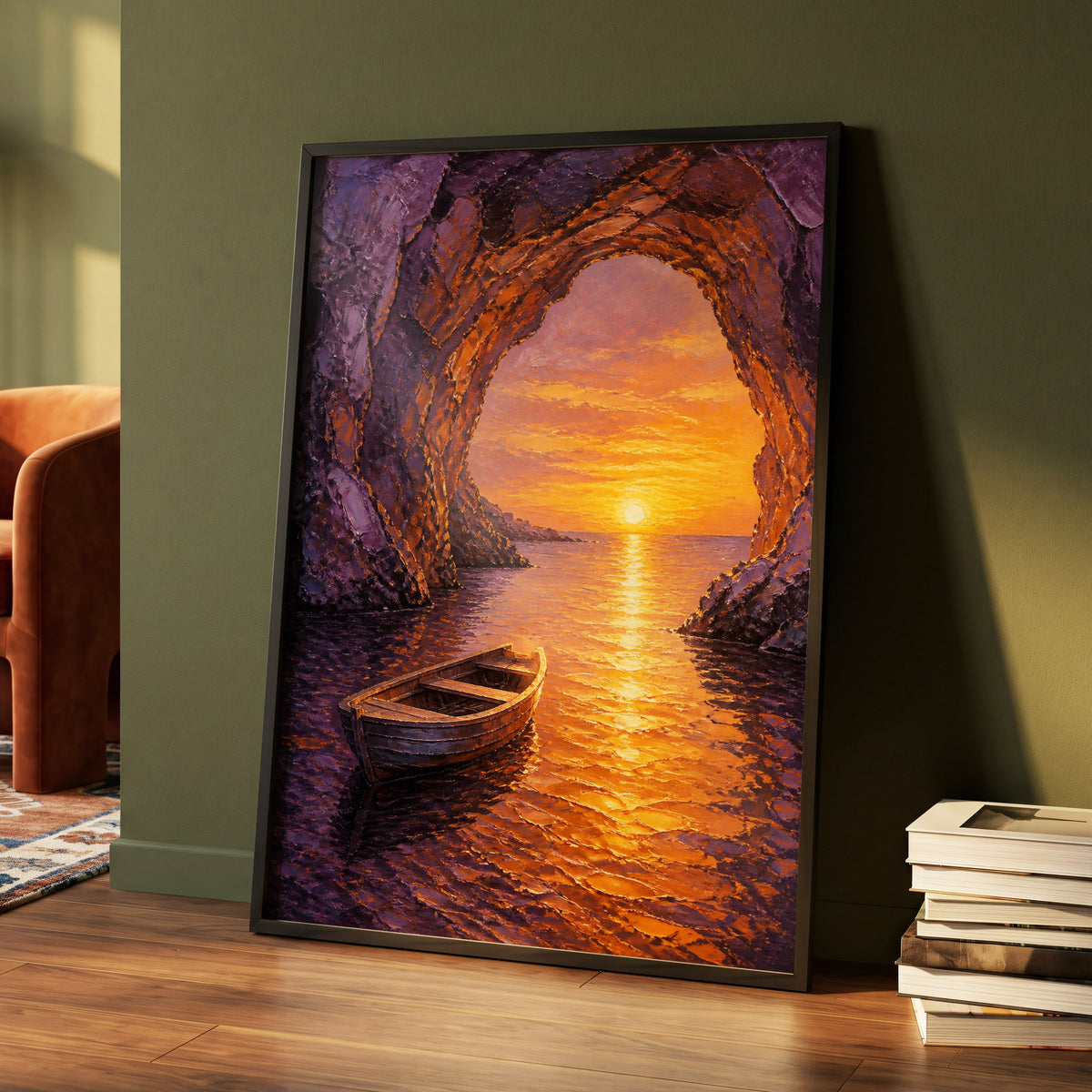 Sunset Through the Grotto, purple, orange, gold nature wall art displayed in a styled interior, gallery view 4