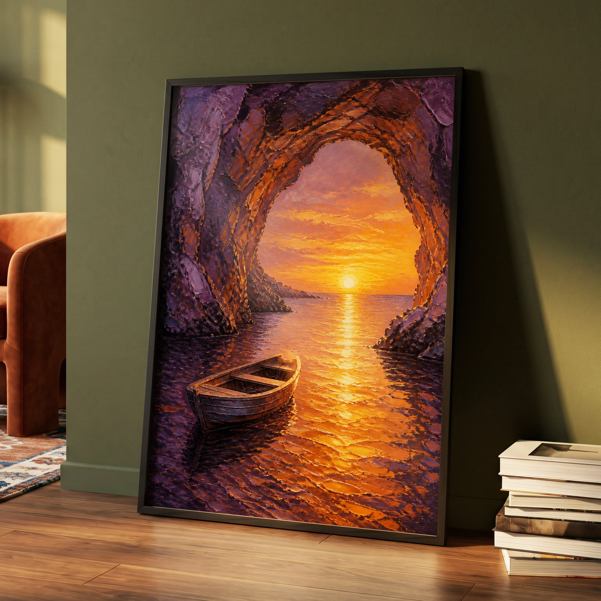 Sunset Through the Grotto, purple, orange, gold nature wall art displayed in a styled interior, gallery view 4