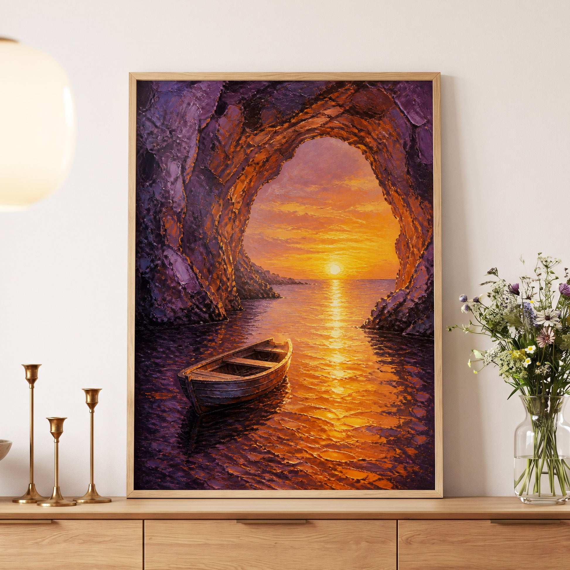 Sunset Through the Grotto, purple, orange, gold nature wall art displayed in a styled interior, gallery view 5