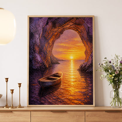 Sunset Through the Grotto, purple, orange, gold nature wall art displayed in a styled interior, gallery view 5