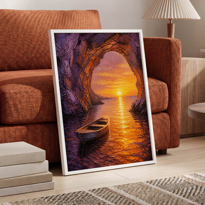 Sunset Through the Grotto, purple, orange, gold nature wall art displayed in a styled interior, gallery view 6