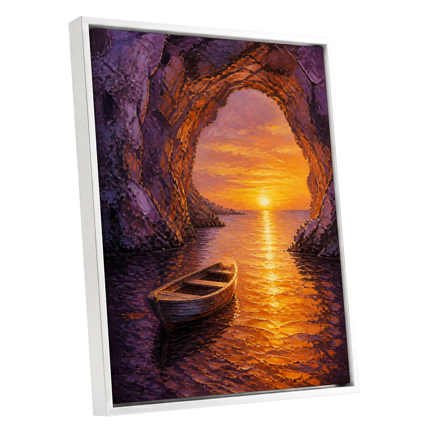 Sunset Through the Grotto, purple, orange, gold nature wall art shown as a white framed canvas wall art