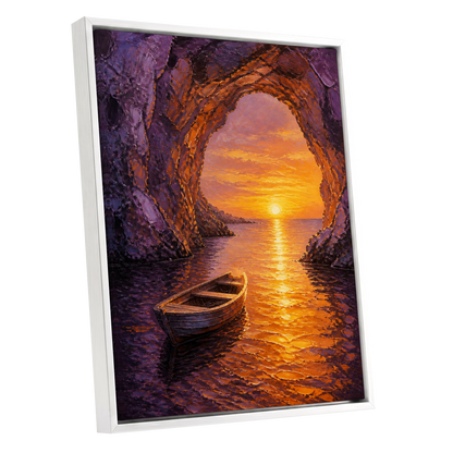 Sunset Through the Grotto, purple, orange, gold nature wall art shown as a white framed canvas wall art