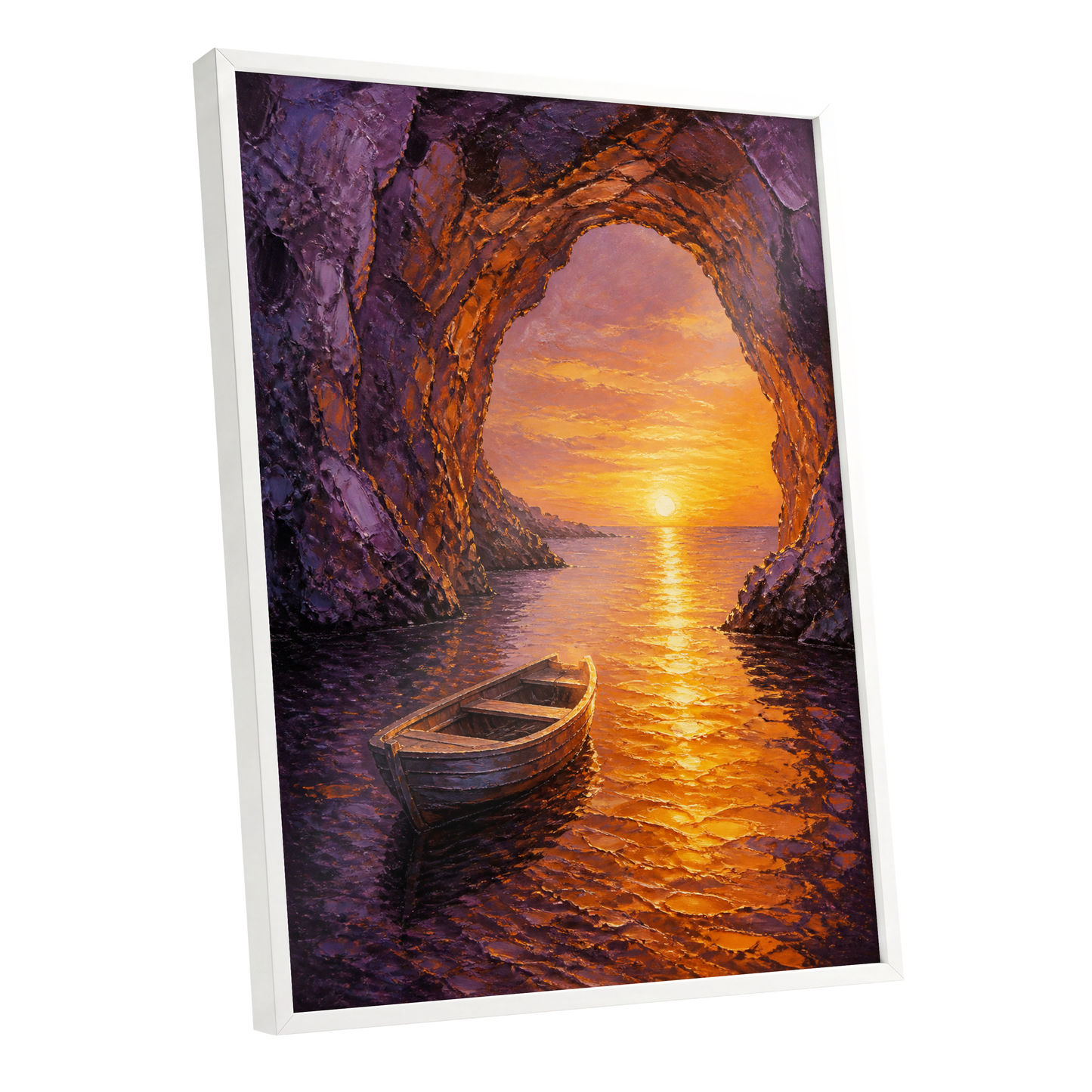 Sunset Through the Grotto, purple, orange, gold nature wall art shown as a white framed poster wall art print