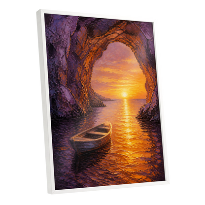 Sunset Through the Grotto, purple, orange, gold nature wall art shown as a white framed poster wall art print